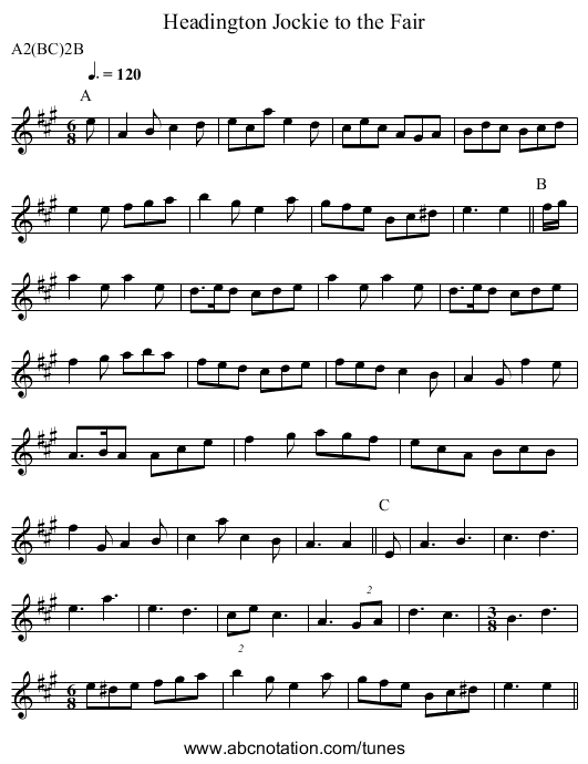 Jockie to the Fair, Headington - staff notation