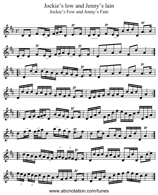 Jockie’s low and Jenny’s lain - staff notation