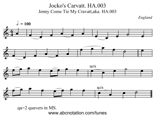 Jocko's Carvatt. HA.003 - staff notation