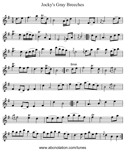 Jocky's Gray Breeches - staff notation