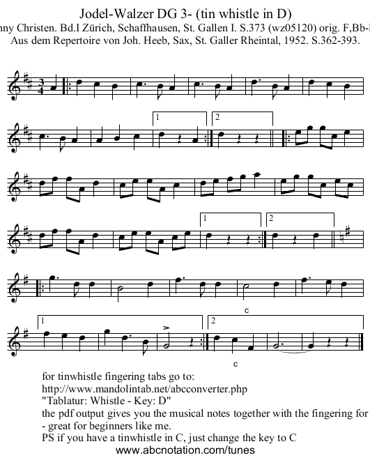 Jodel-Walzer DG 3- (tin whistle in D) - staff notation