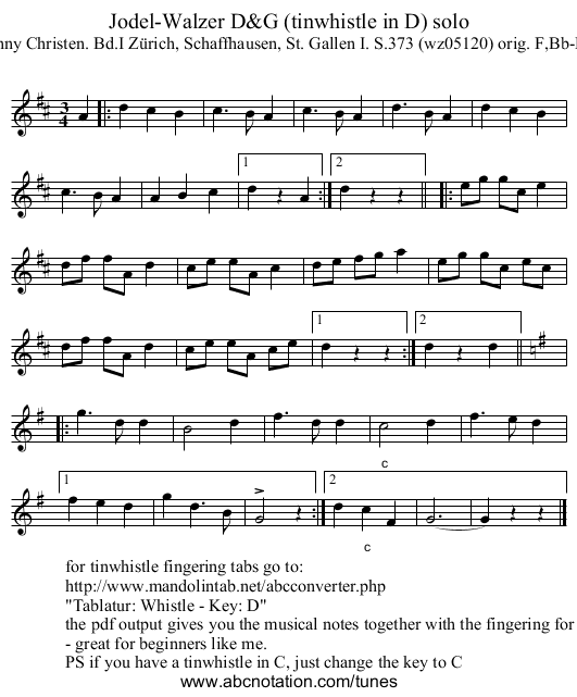 Jodel-Walzer D&G (tinwhistle in D) solo - staff notation