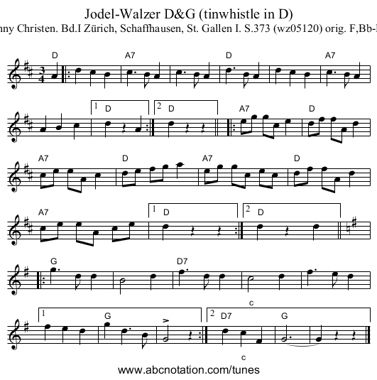 Jodel-Walzer D&G (tinwhistle in D) - staff notation