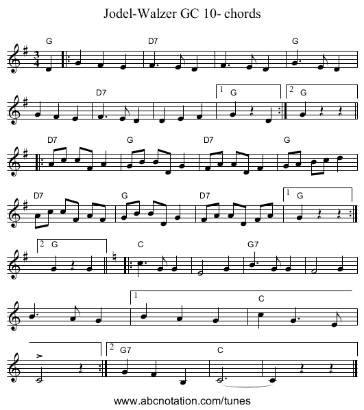 Jodel-Walzer GC 10- chords - staff notation