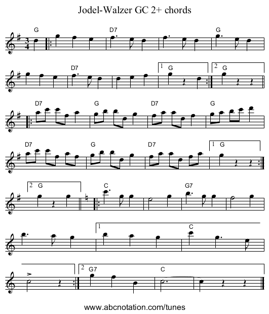 Jodel-Walzer GC 2+ chords - staff notation