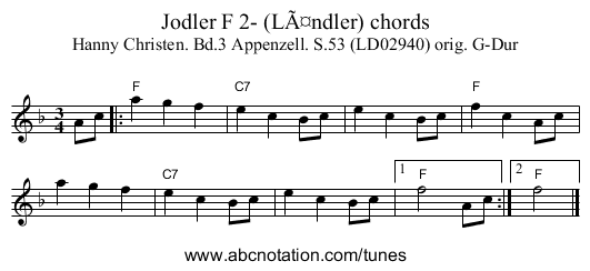 Jodler F 2- (LÃ¤ndler) chords - staff notation