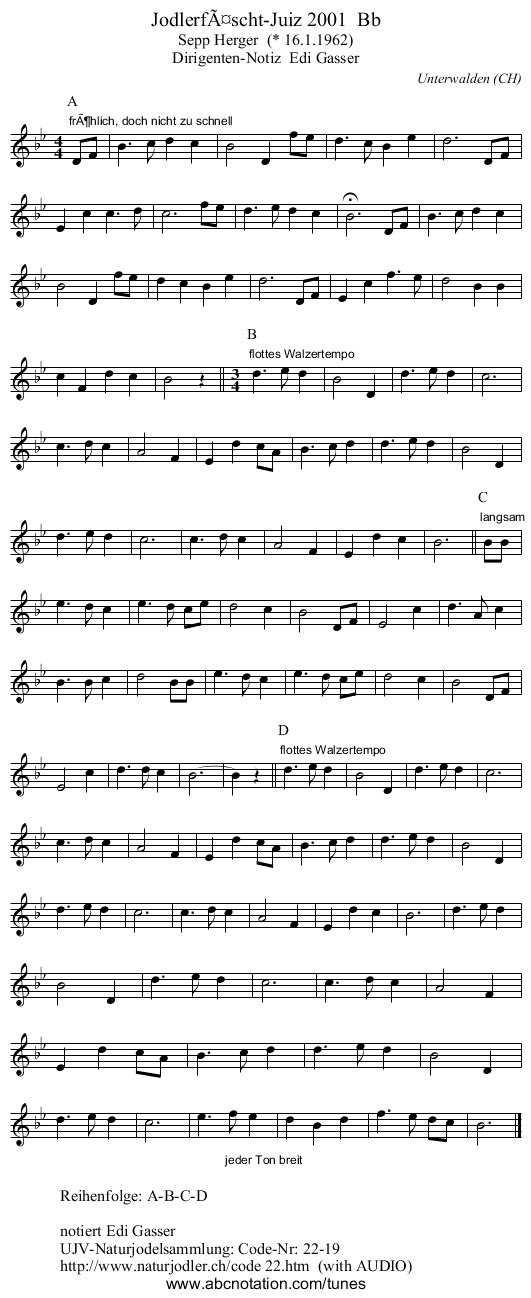 JodlerfÃ¤scht-Juiz 2001  Bb - staff notation