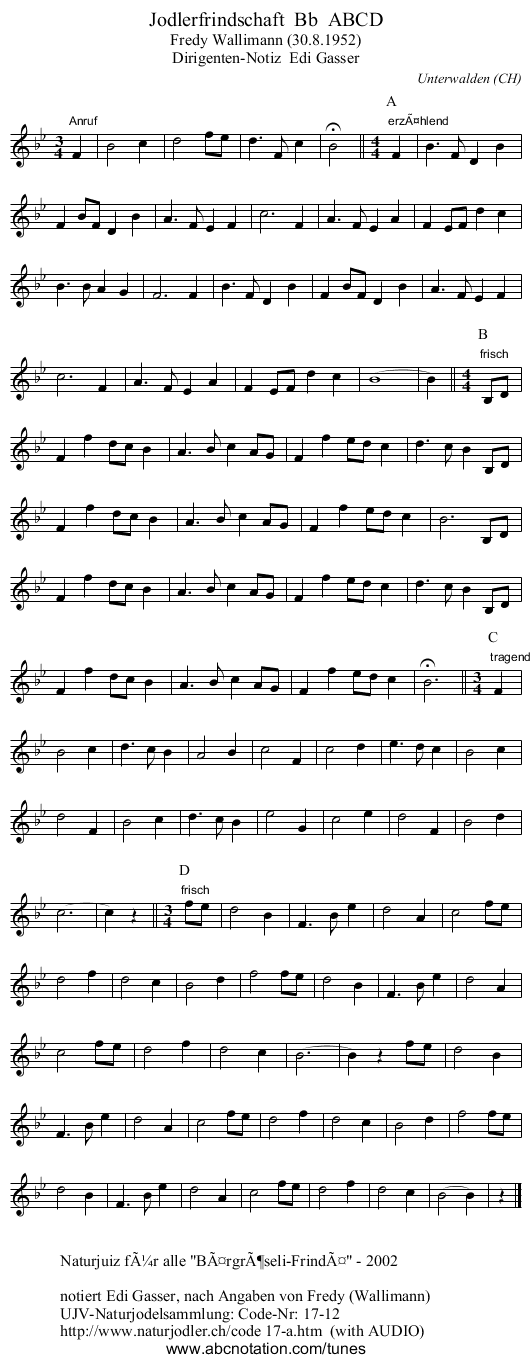 Jodlerfrindschaft  Bb  ABCD - staff notation