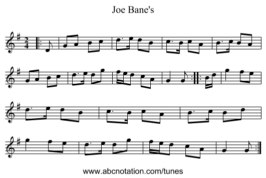 Joe Bane's - staff notation