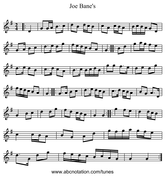 Joe Bane's - staff notation