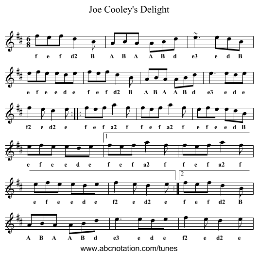 Joe Cooley's Delight - staff notation