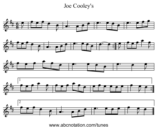 Joe Cooley's - staff notation
