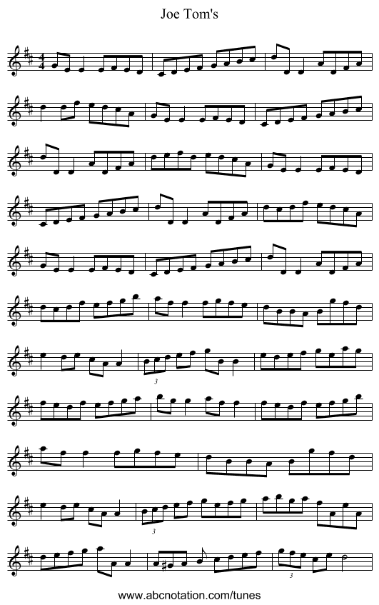 Joe Tom's - staff notation