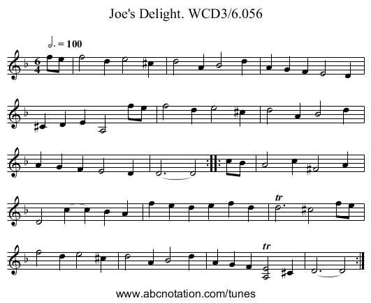 Joe's Delight. WCD3/6.056 - staff notation