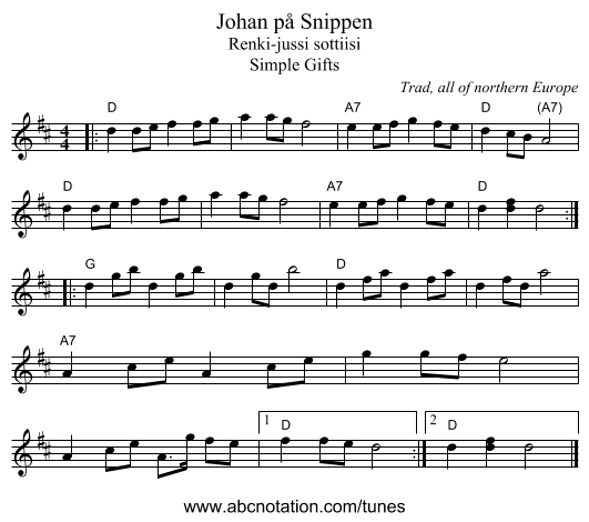 Johan p&aring; Snippen - staff notation