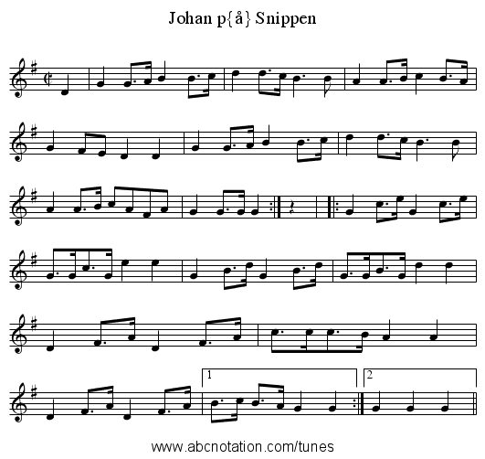 Johan på Snippen - staff notation
