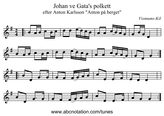 Johan ve Gata's polkett - staff notation