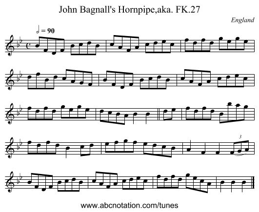 John Bagnall's Hornpipe,aka. FK.27 - staff notation