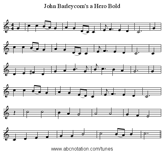 John Barleycorn's a Hero Bold - staff notation