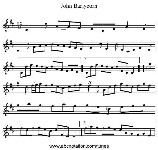 John Barlycorn - staff notation