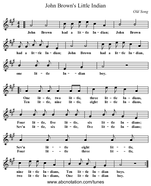 John Brown's Little Indian - staff notation