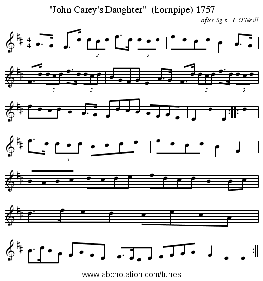 John Carey's Daughter  (hornpipe) 1757 - staff notation