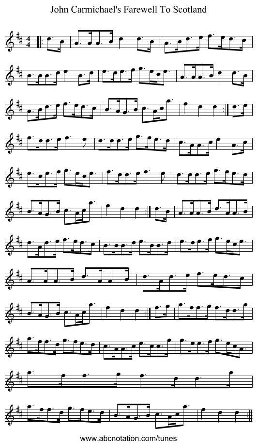 John Carmichael's Farewell To Scotland - staff notation