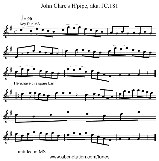 John Clare's H'pipe, aka. JC.181 - staff notation
