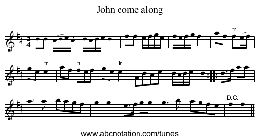 John come along - staff notation
