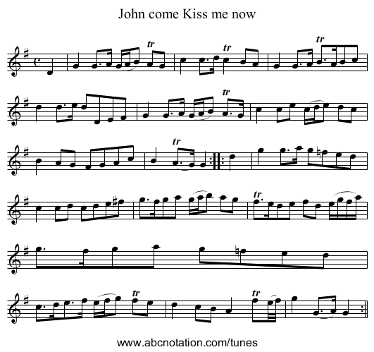 John come Kiss me now - staff notation