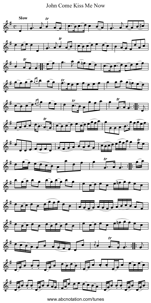John Come Kiss Me Now - staff notation