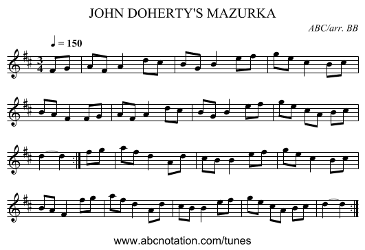 JOHN DOHERTY'S MAZURKA - staff notation