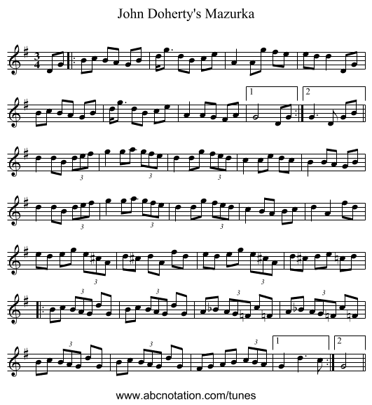 John Doherty's Mazurka - staff notation
