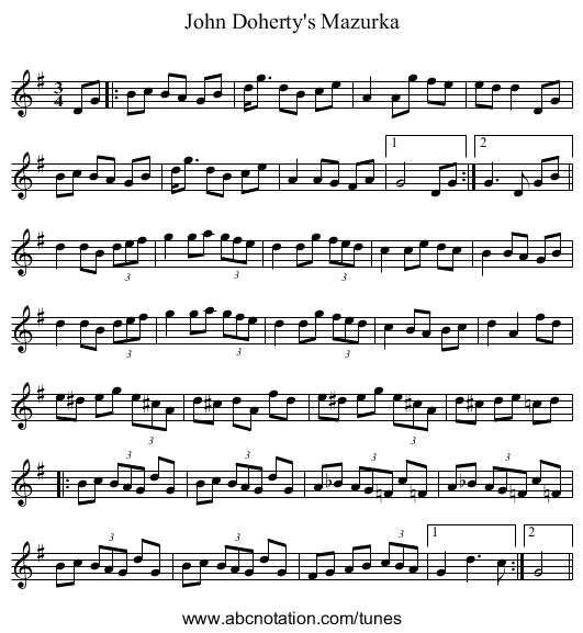 John Doherty's Mazurka - staff notation