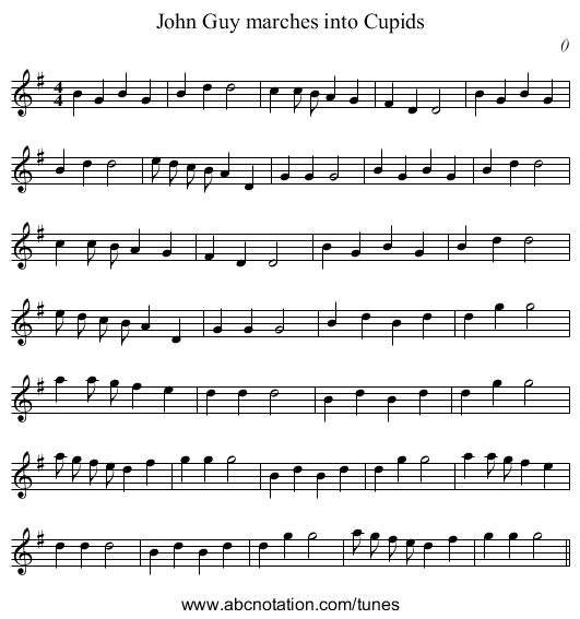 John Guy marches into Cupids - staff notation