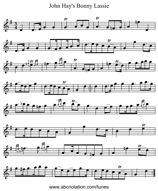 John Hay's Bonny Lassie - staff notation