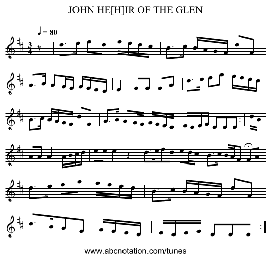 JOHN HE[H]IR OF THE GLEN - staff notation
