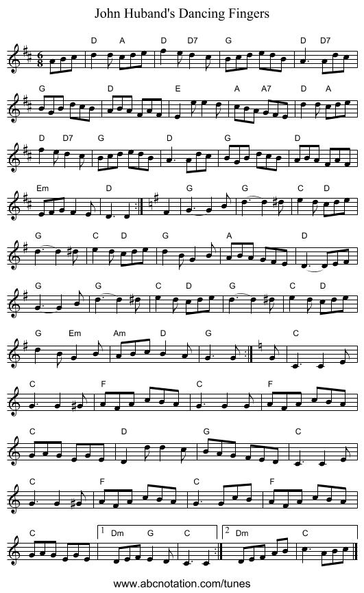 John Huband's Dancing Fingers - staff notation