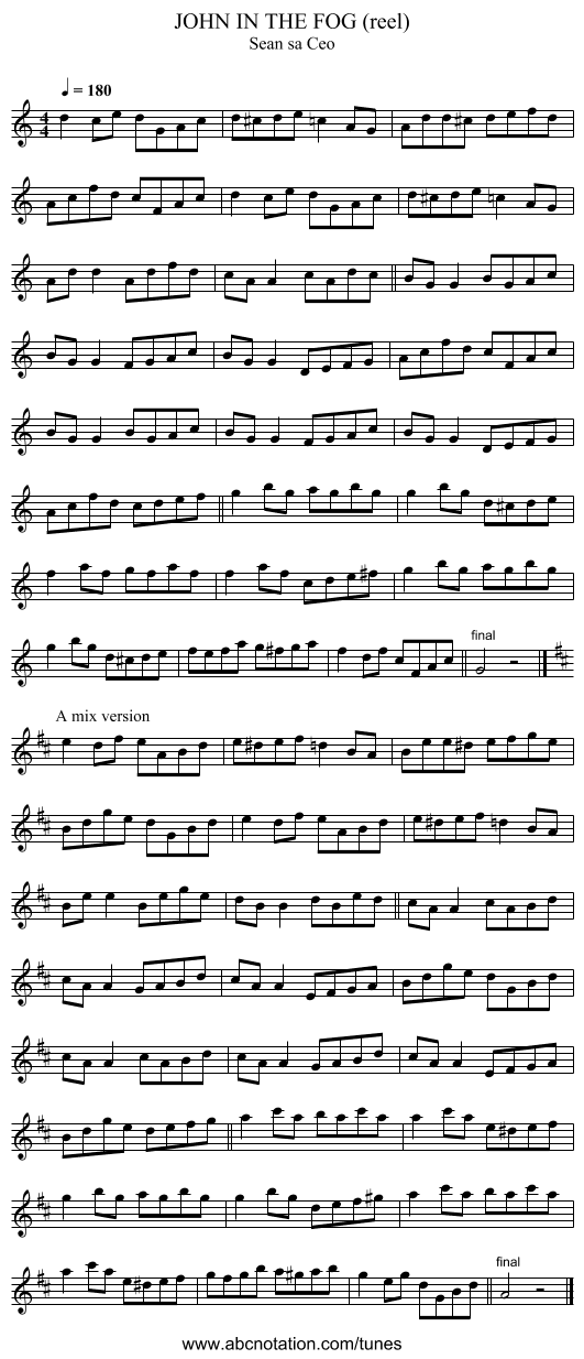 JOHN IN THE FOG (reel) - staff notation