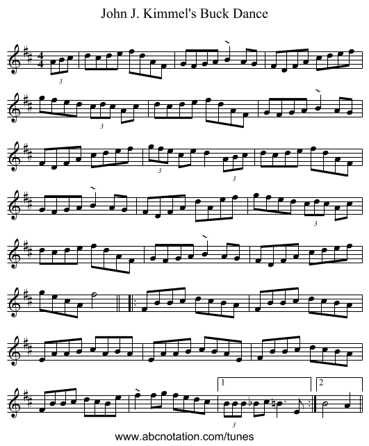 John J. Kimmel's Buck Dance - staff notation