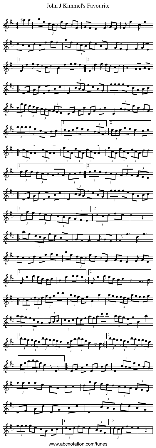 John J Kimmel's Favourite - staff notation