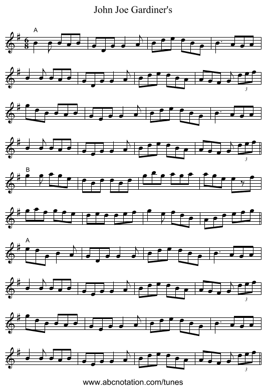 John Joe Gardiner's - staff notation