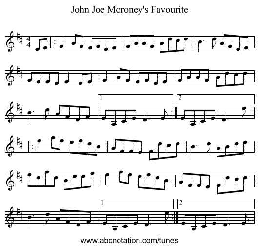John Joe Moroney's Favourite - staff notation