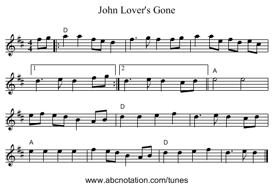 John Lover's Gone - staff notation