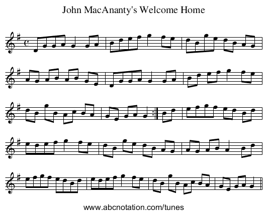 John MacAnanty's Welcome Home - staff notation