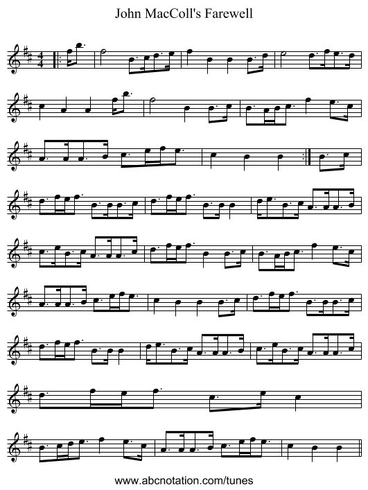 John MacColl's Farewell - staff notation