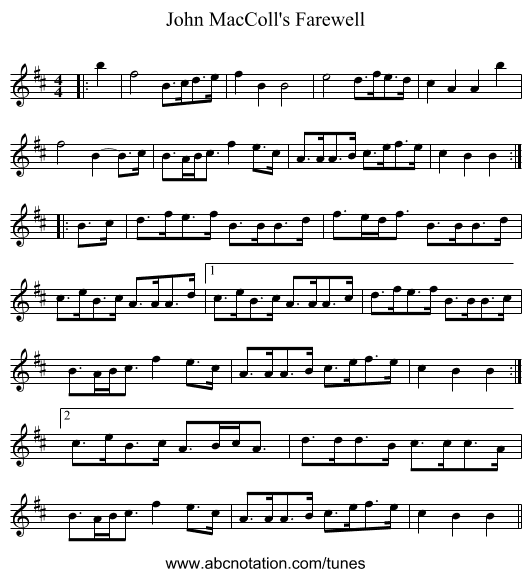 John MacColl's Farewell - staff notation