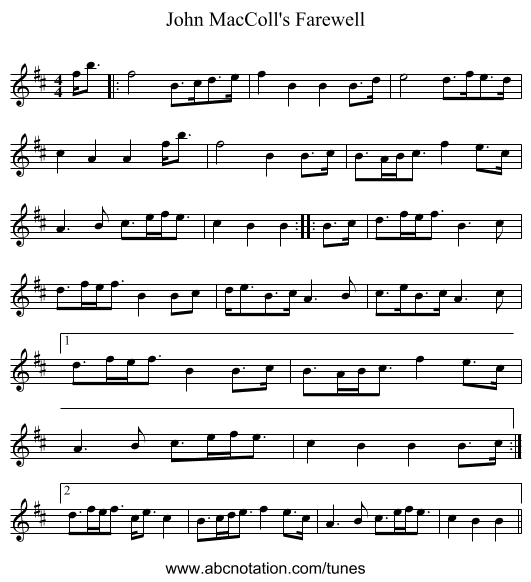 John MacColl's Farewell - staff notation