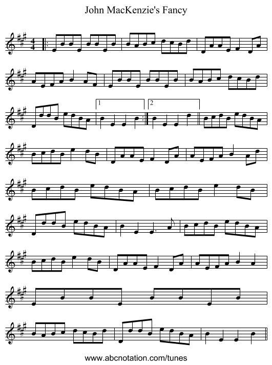 John MacKenzie's Fancy - staff notation
