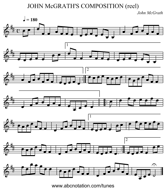 JOHN McGRATH'S COMPOSITION (reel) - staff notation